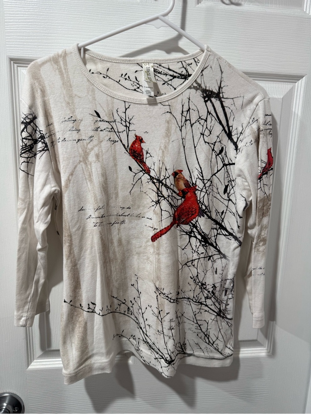 Endless Designs Cream Tee with Cardinal bird and Black Branch Print